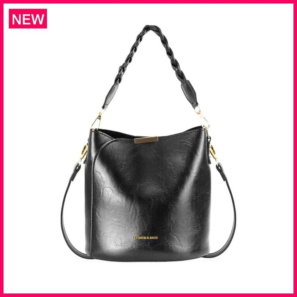 Soft PU Leather Crossbody Bucket Bag with 2 Removable Straps, Inner Zipper